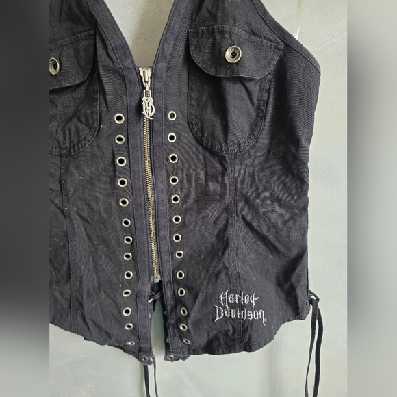 Vtg Harley-Davidson Womens M Corset Halter Lace Up Zip Embroidered Top Y2K - Picture 8 of 15
